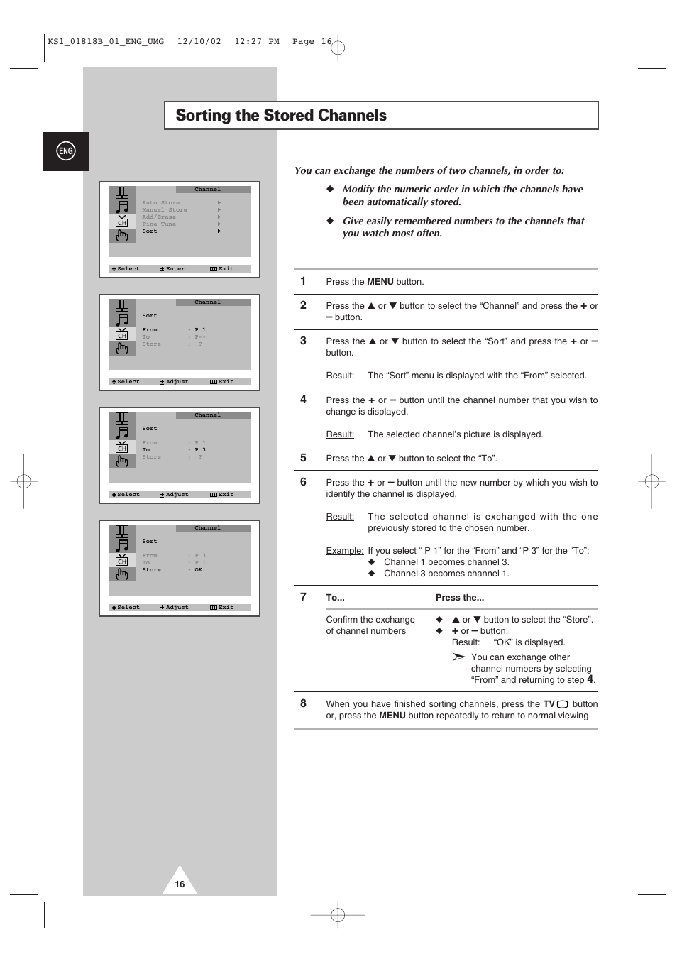 Sorting the stored channels | Samsung 14F2 User Manual | Page 16 / 32