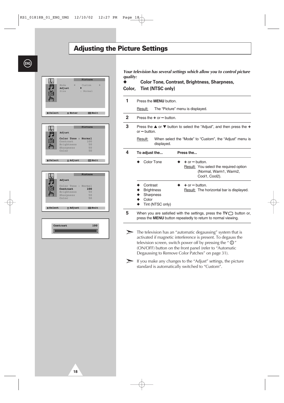 Adjusting the picture settings | Samsung 14F2 User Manual | Page 18 / 32