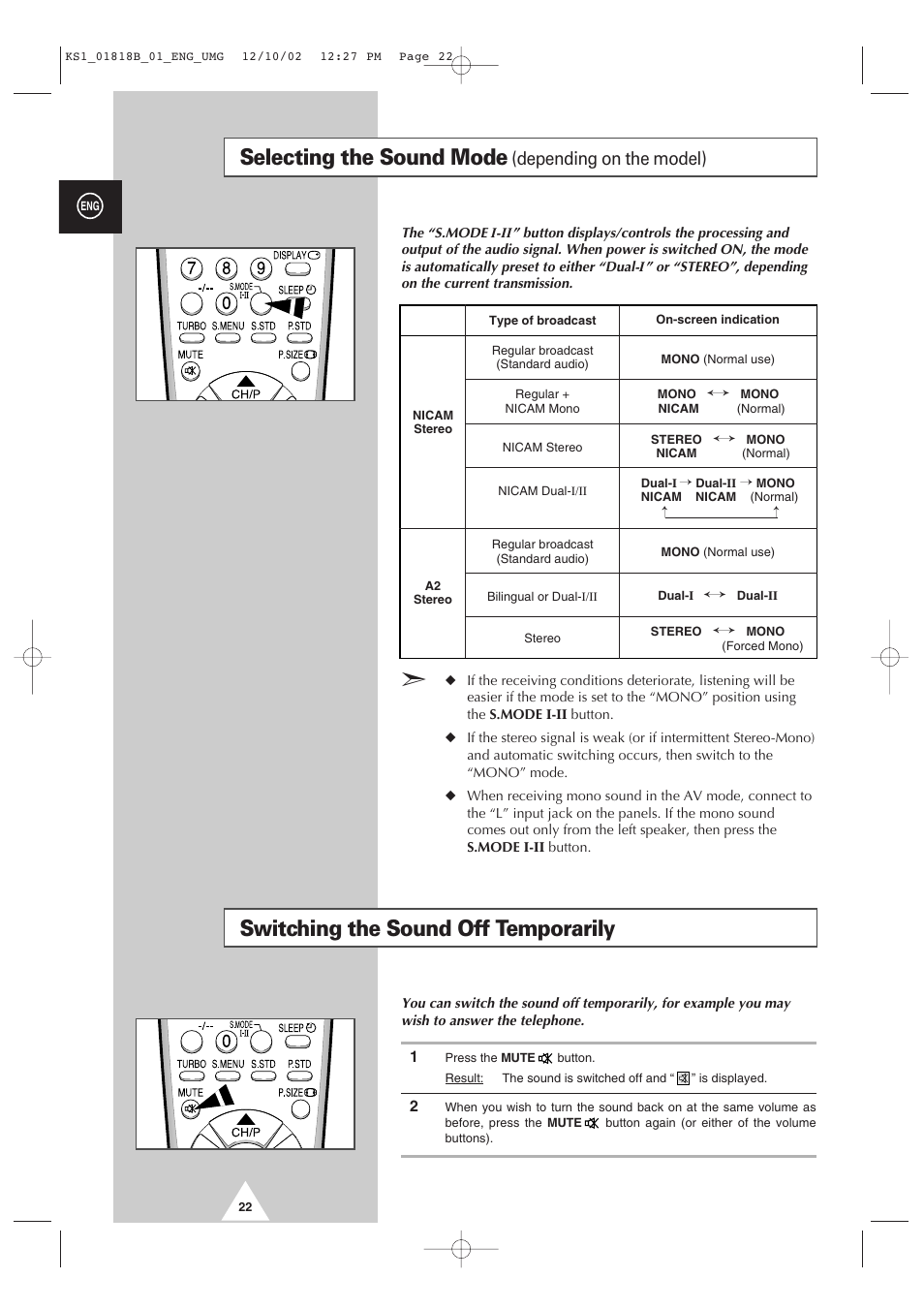 Selecting the sound mode, Switching the sound off temporarily, Depending on the model) | Samsung 14F2 User Manual | Page 22 / 32