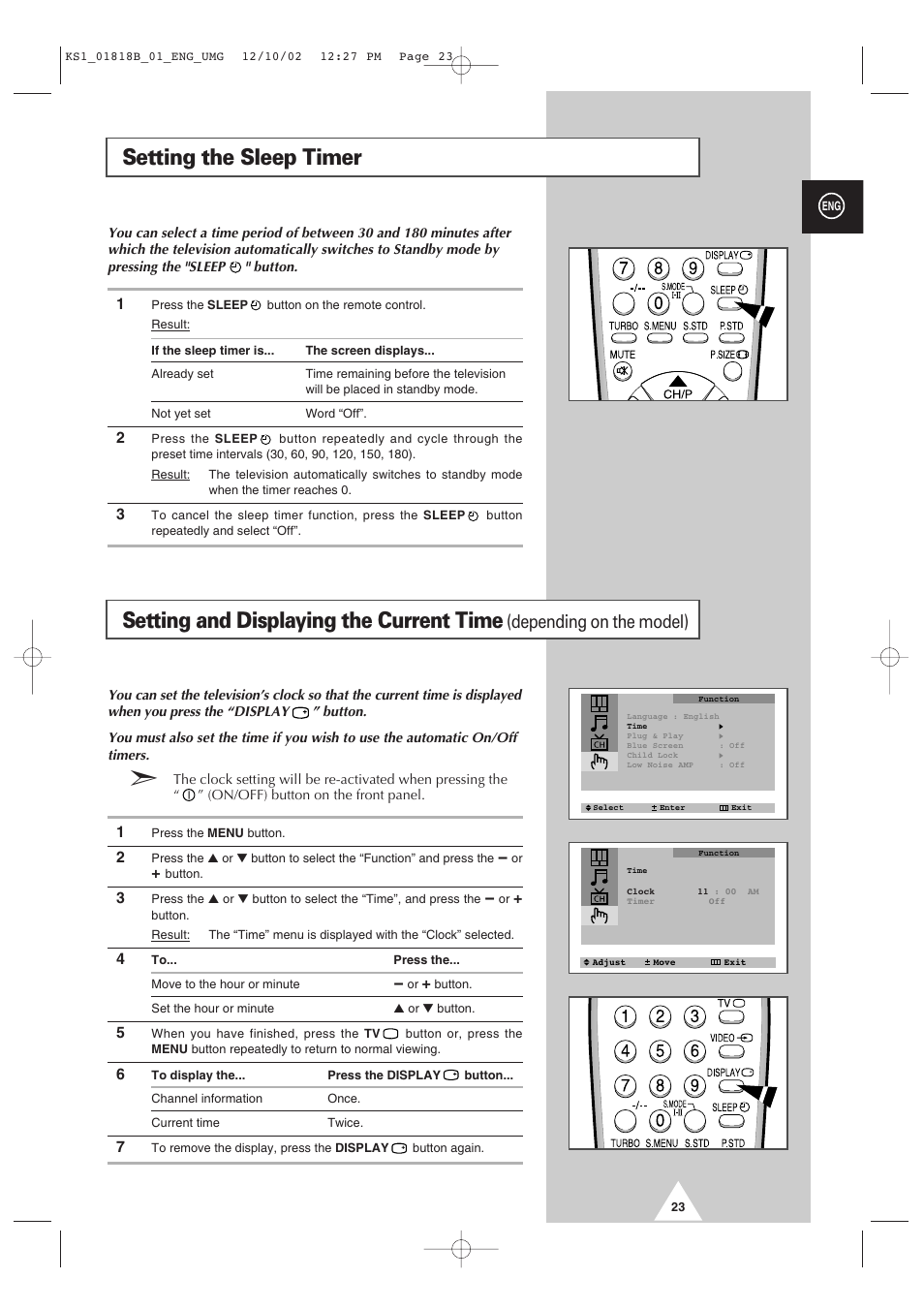 Setting the sleep timer, Setting and displaying the current time, Depending on the model) | Samsung 14F2 User Manual | Page 23 / 32