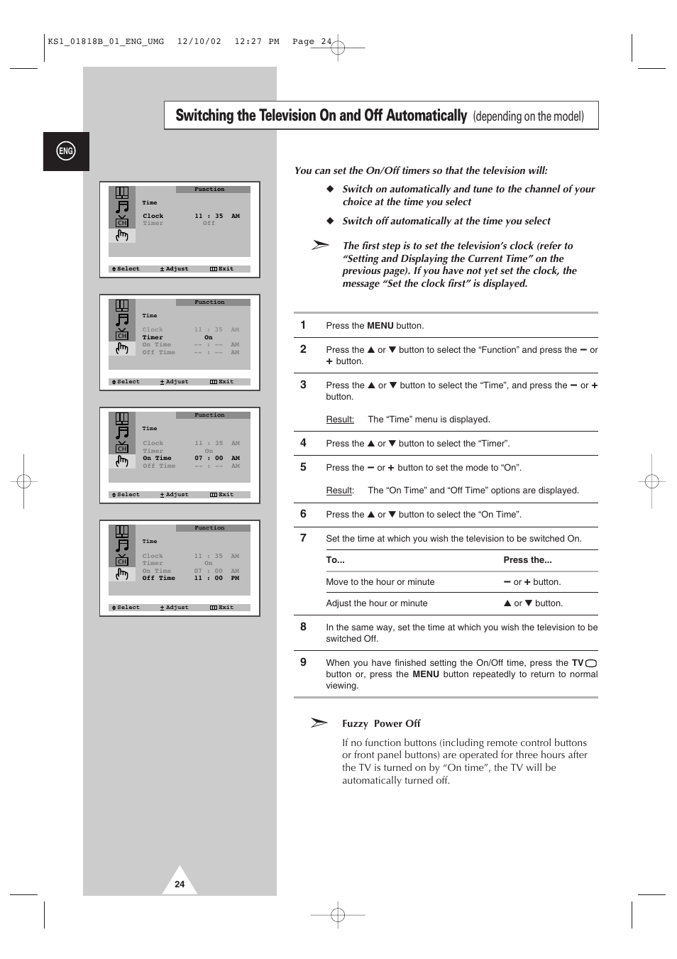 Switching the television on and off automatically, Depending on the model) | Samsung 14F2 User Manual | Page 24 / 32