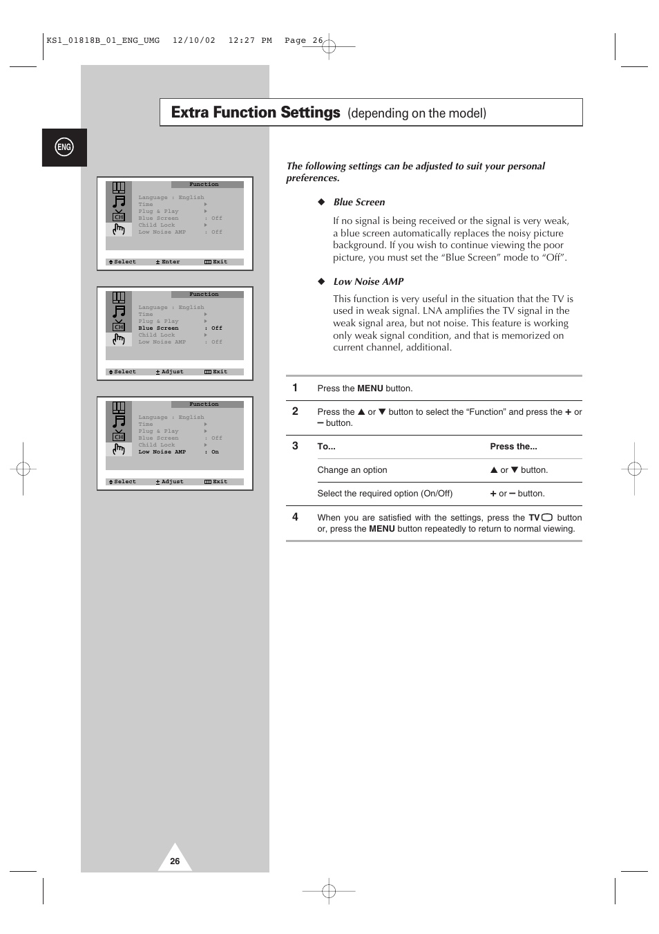 Extra function settings, Depending on the model) | Samsung 14F2 User Manual | Page 26 / 32