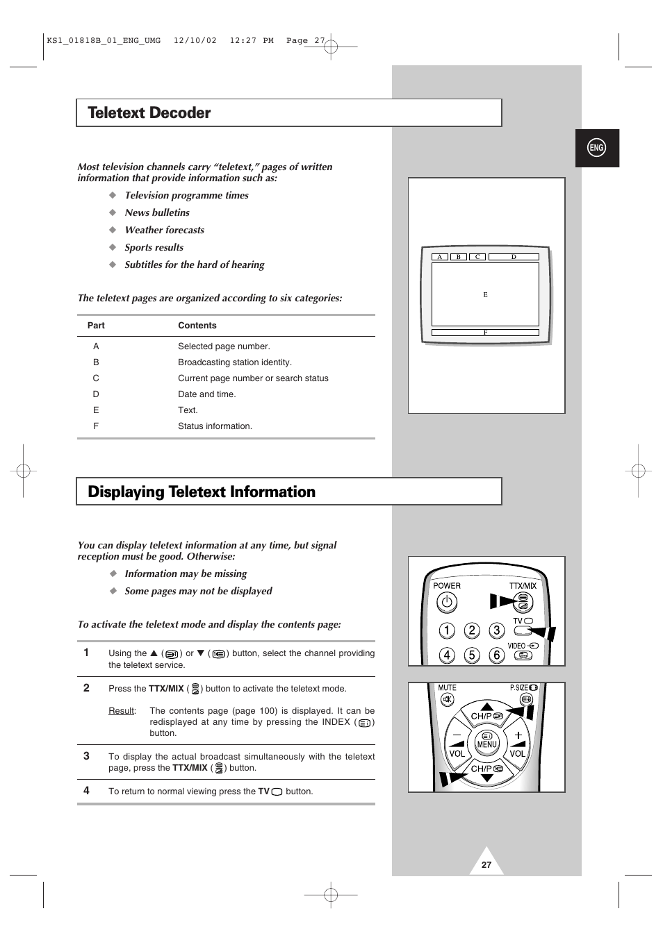 Teletext decoder displaying teletext information | Samsung 14F2 User Manual | Page 27 / 32