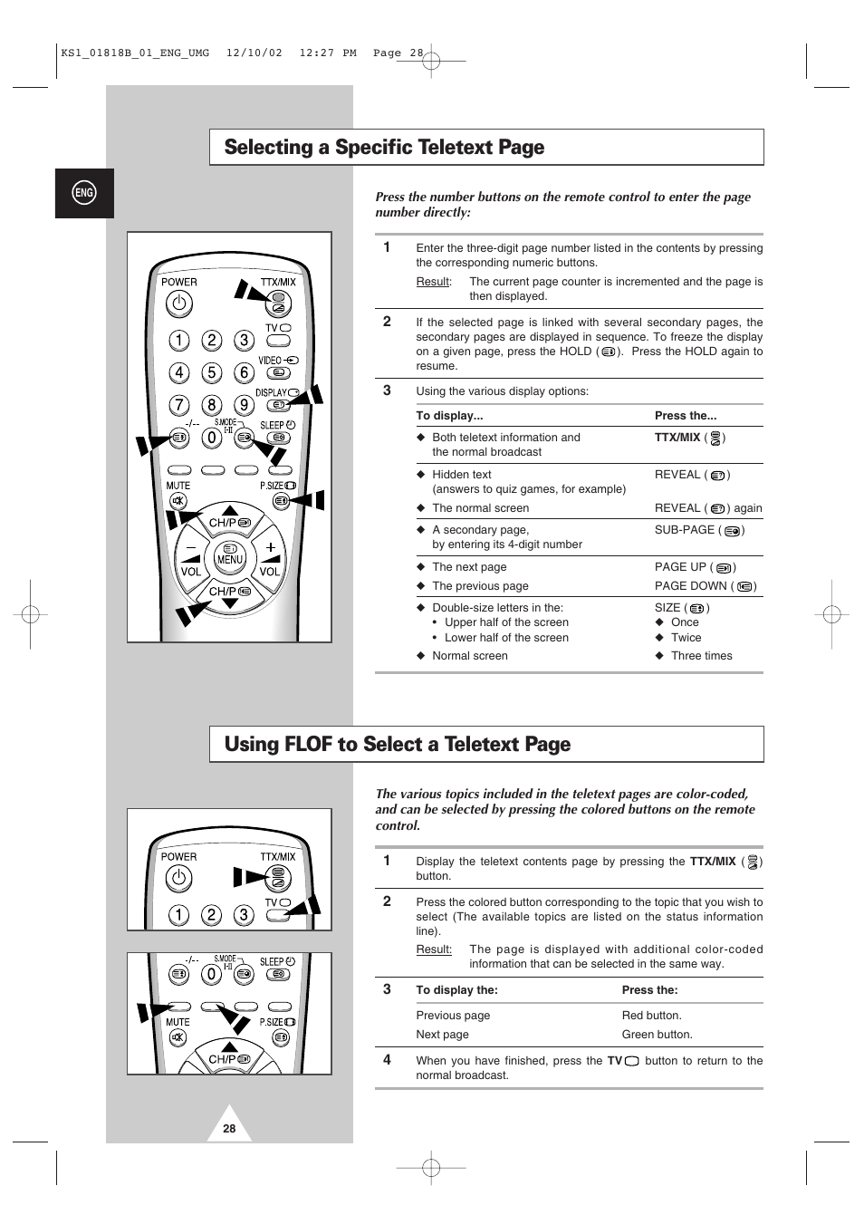 Selecting a specific teletext page, Using flof to select a teletext page | Samsung 14F2 User Manual | Page 28 / 32