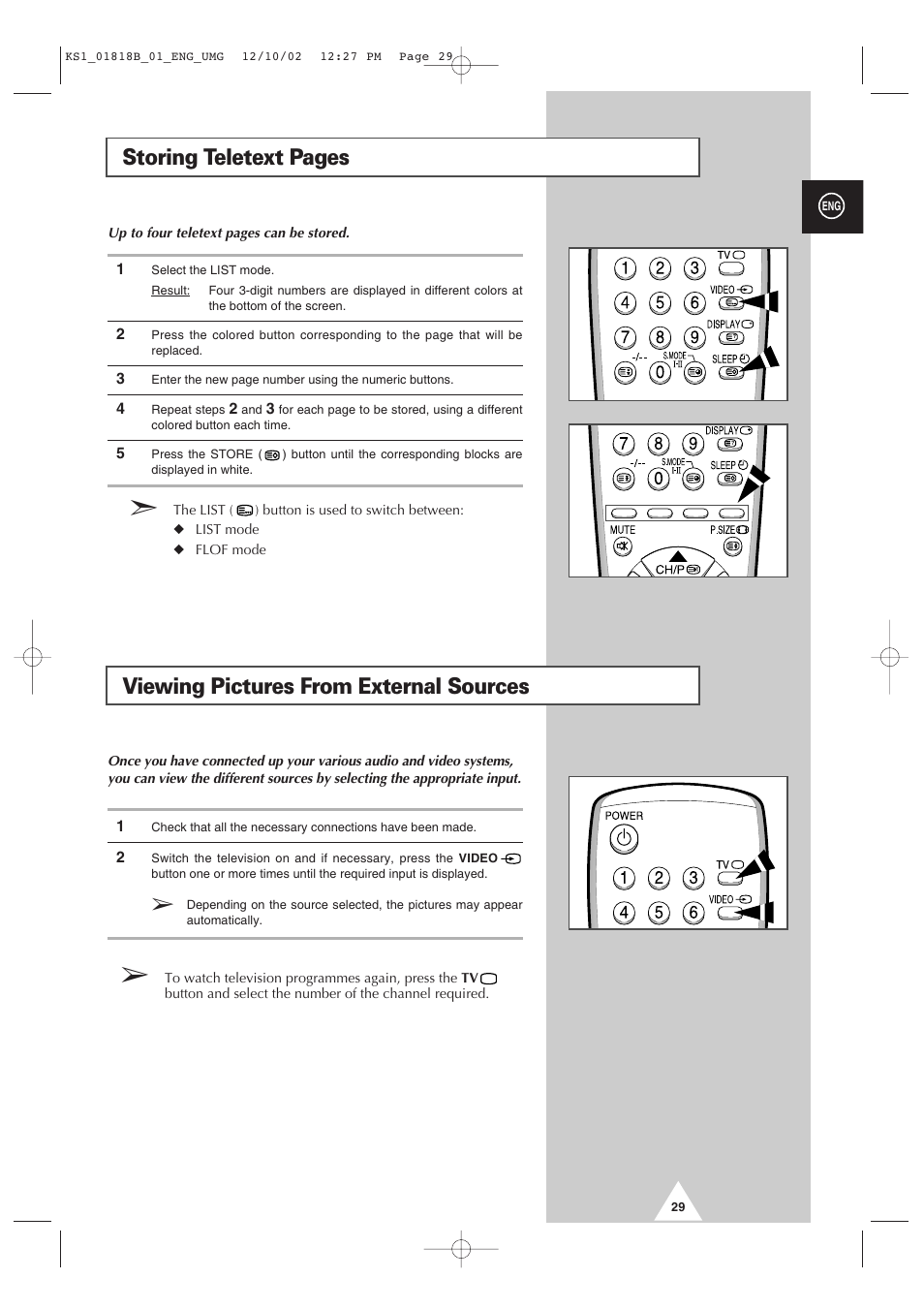 Storing teletext pages, Viewing pictures from external sources | Samsung 14F2 User Manual | Page 29 / 32