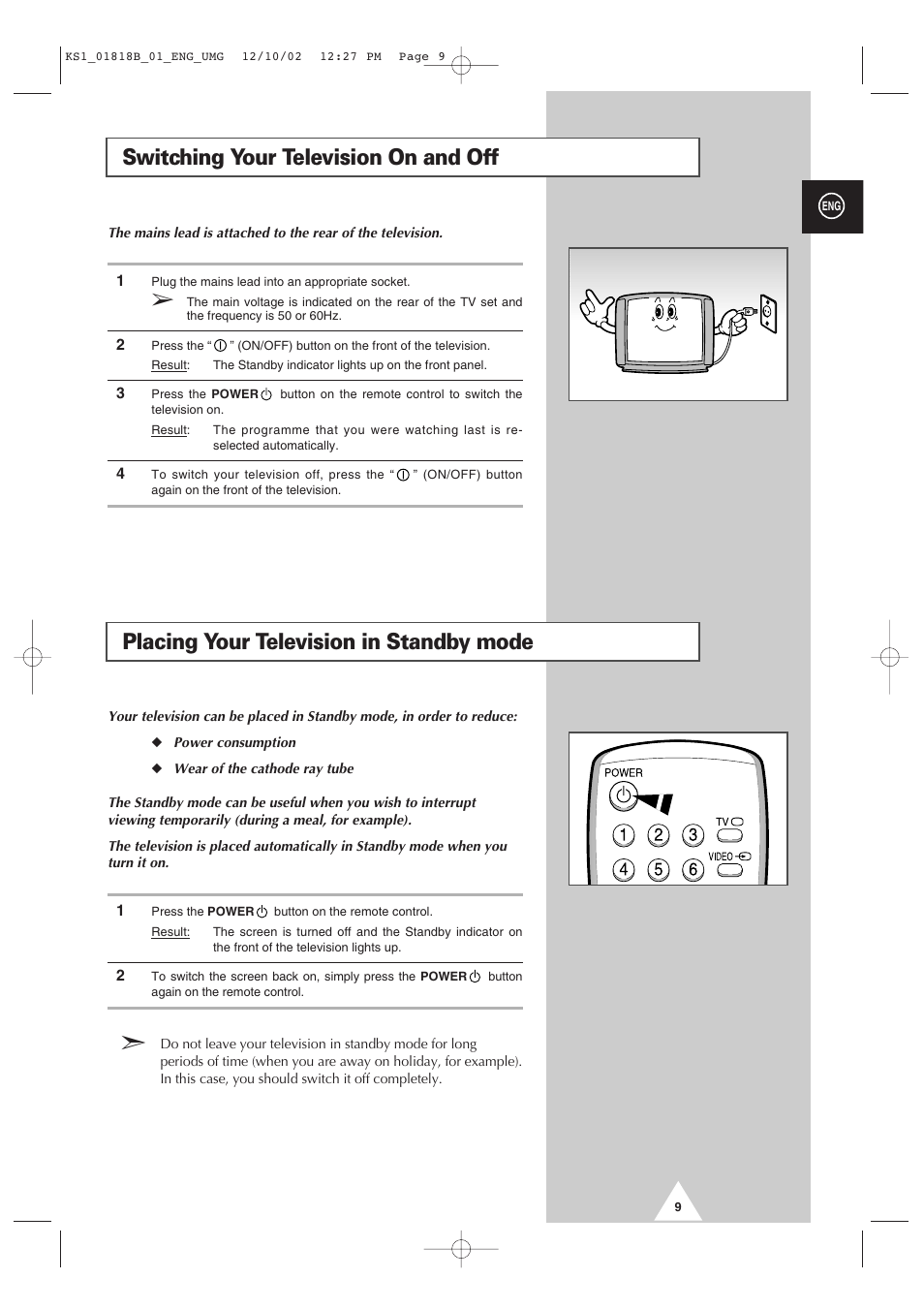 Placing your television in standby mode, Switching your television on and off | Samsung 14F2 User Manual | Page 9 / 32