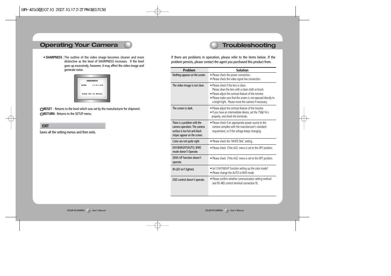 Operating your camera troubleshooting | Samsung SIR-4250 User Manual | Page 20 / 22