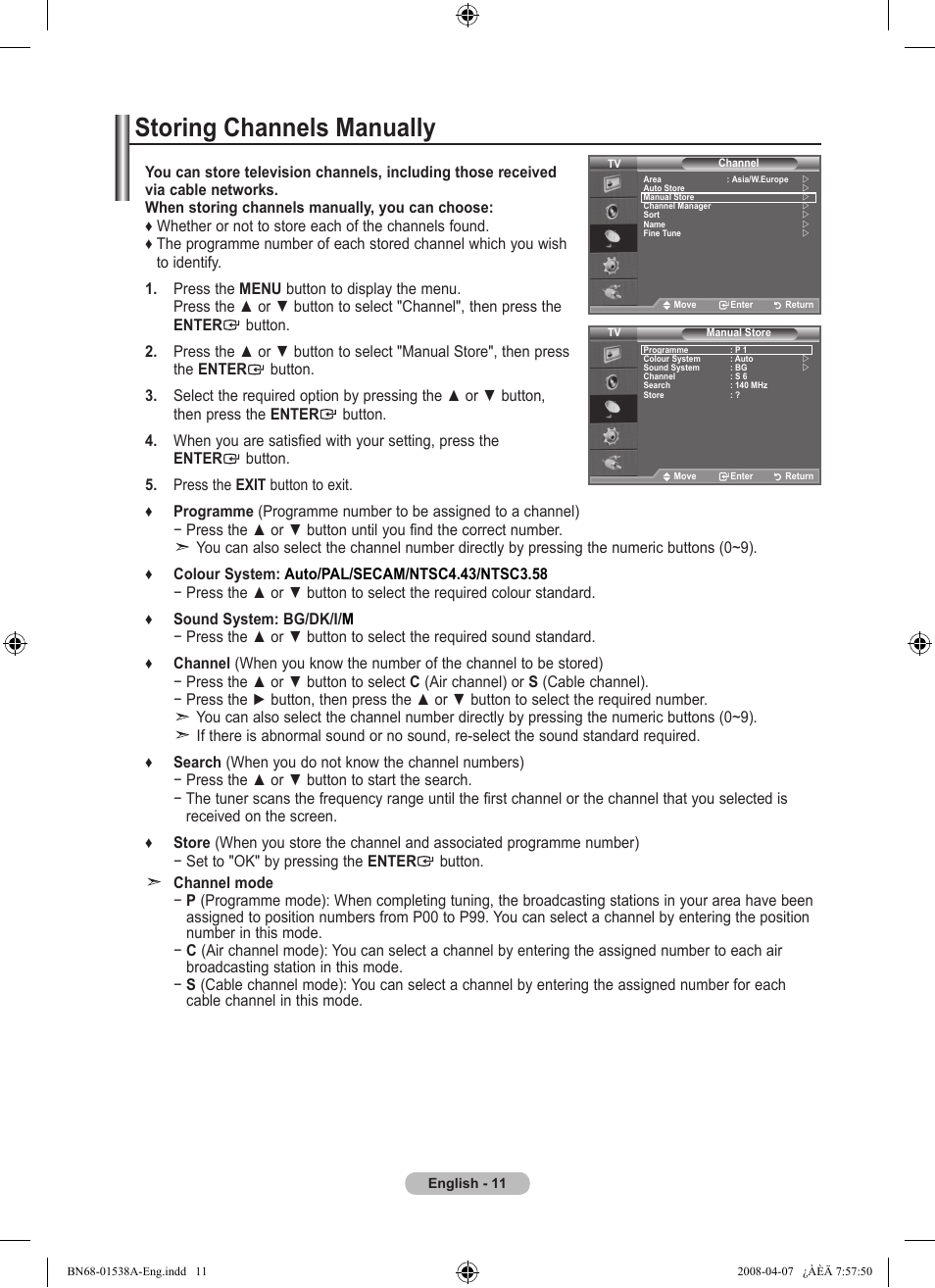 Storing channels manually | Samsung BN68-01538A-00 User Manual | Page 13 / 35