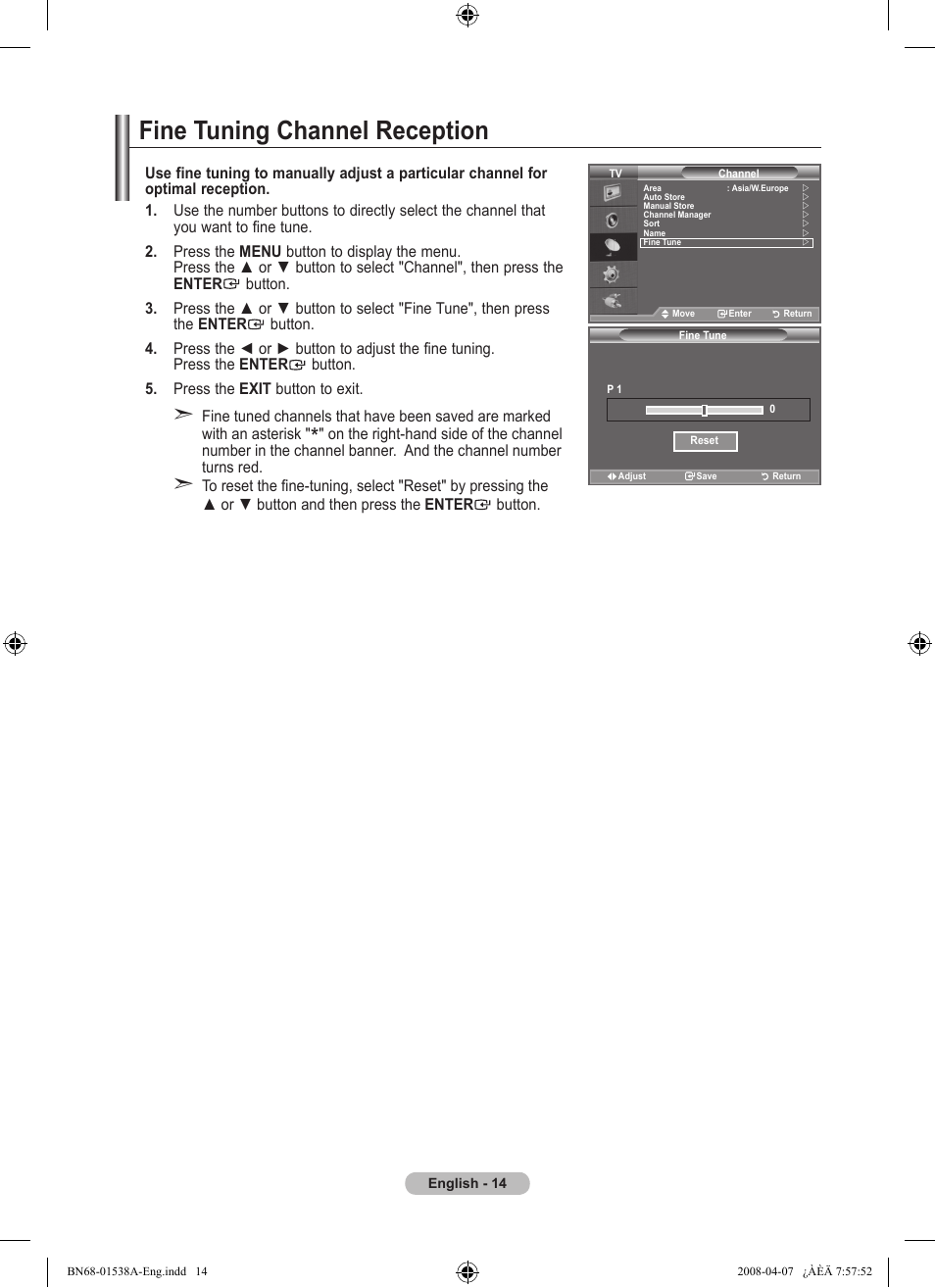 Fine tuning channel reception | Samsung BN68-01538A-00 User Manual | Page 16 / 35