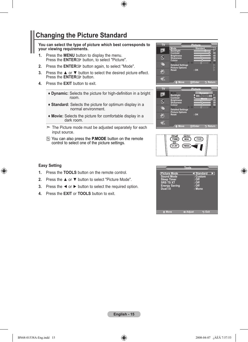 Setting the picture, Changing the picture standard | Samsung BN68-01538A-00 User Manual | Page 17 / 35