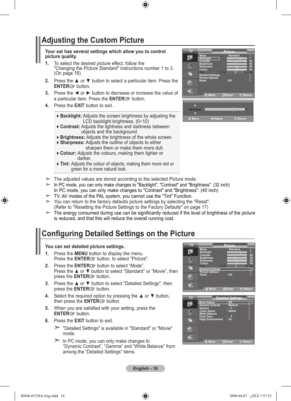Adjusting the custom picture, Configuring detailed settings on the picture | Samsung BN68-01538A-00 User Manual | Page 18 / 35