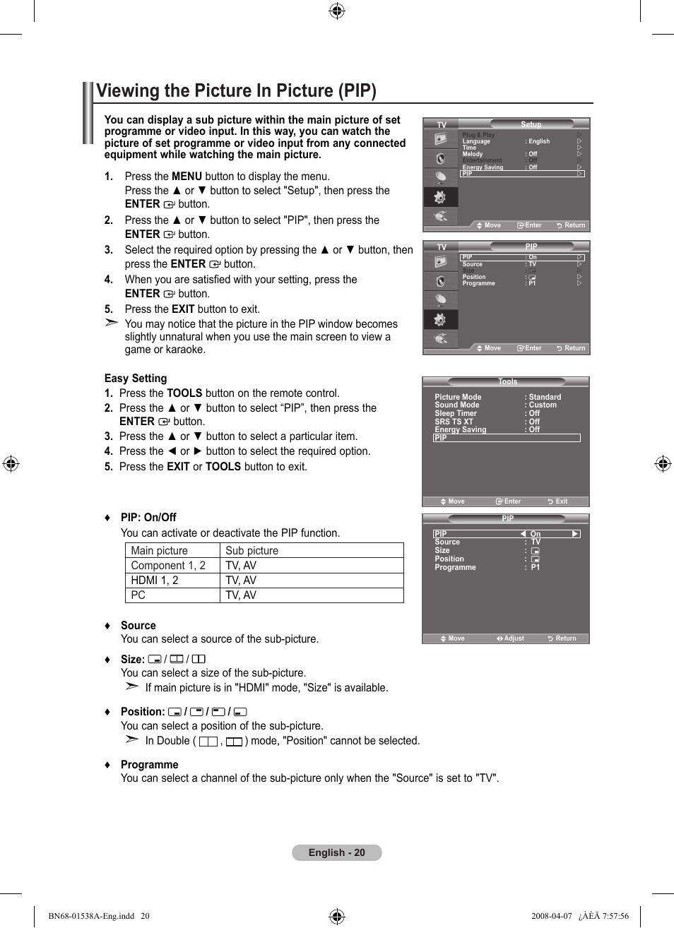 Viewing the picture in picture (pip) | Samsung BN68-01538A-00 User Manual | Page 22 / 35