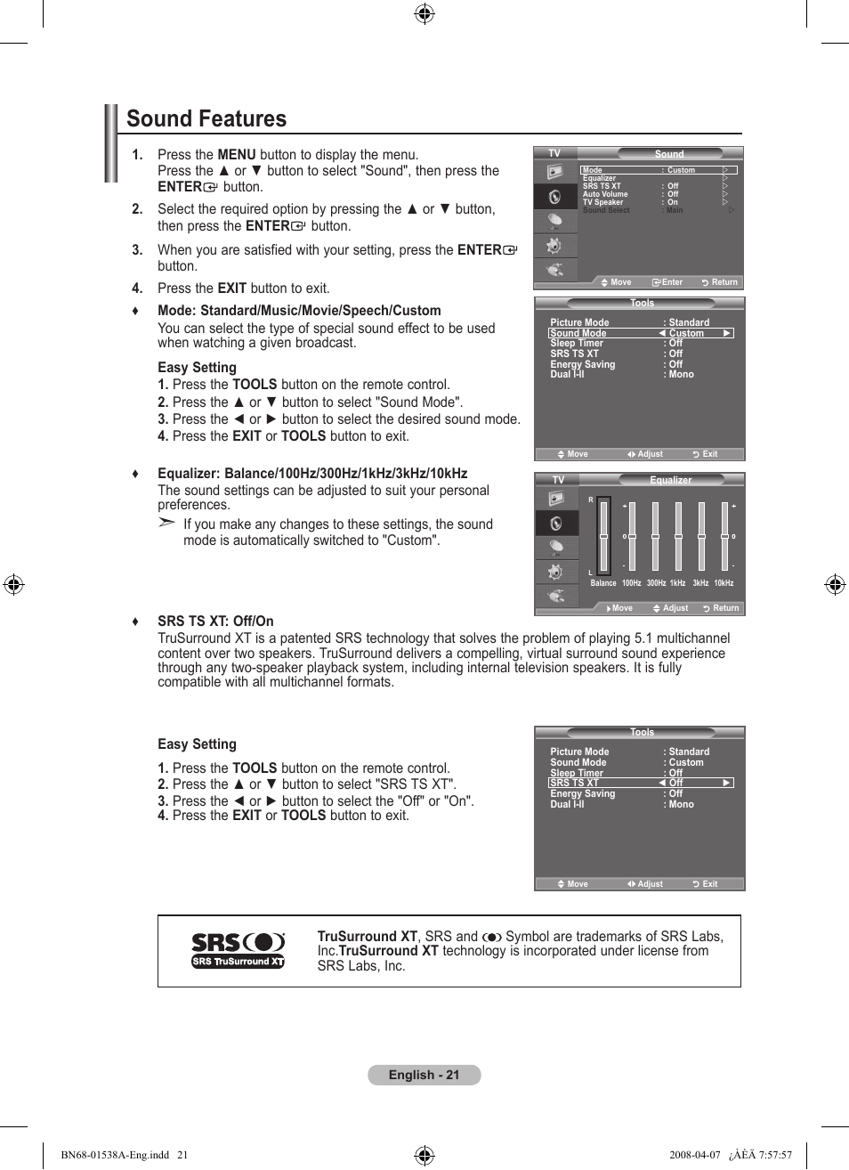 Setting the sound, Sound features | Samsung BN68-01538A-00 User Manual | Page 23 / 35