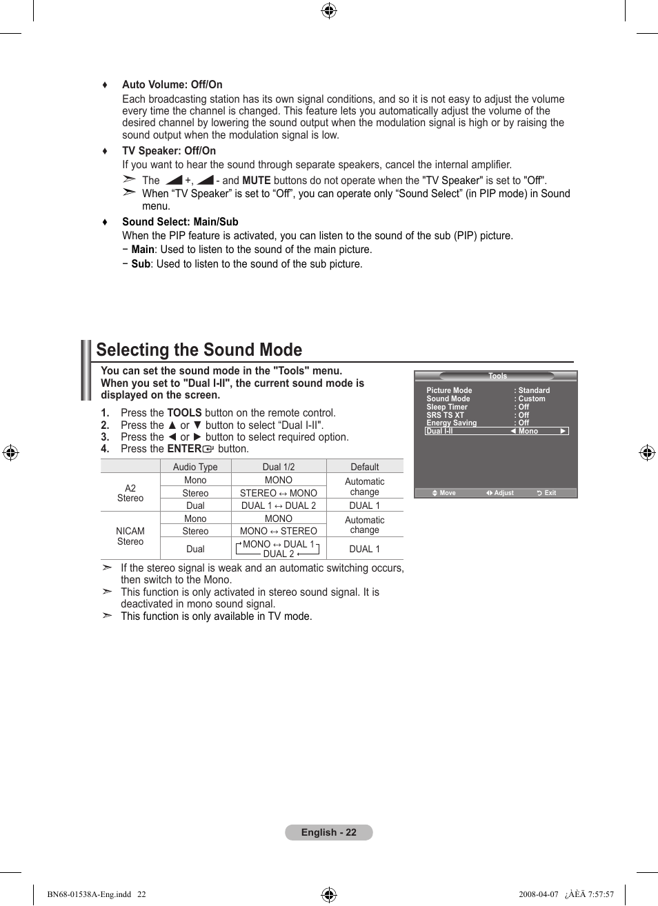 Selecting the sound mode | Samsung BN68-01538A-00 User Manual | Page 24 / 35