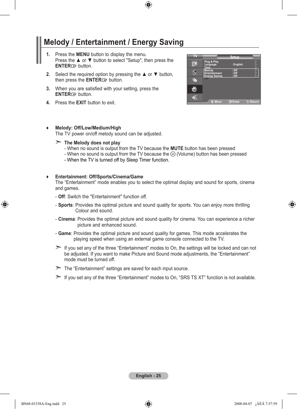 Melody / entertainment / energy saving | Samsung BN68-01538A-00 User Manual | Page 27 / 35