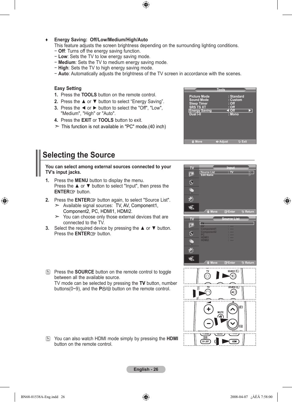 Selecting the source | Samsung BN68-01538A-00 User Manual | Page 28 / 35
