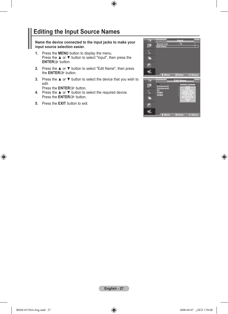 Editing the input source names | Samsung BN68-01538A-00 User Manual | Page 29 / 35