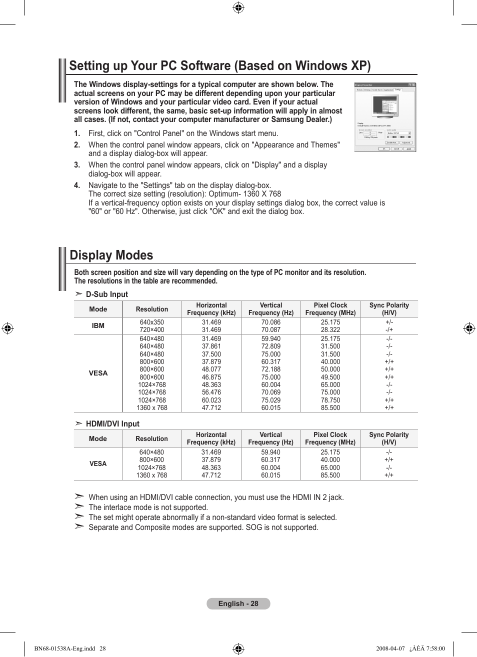 Setting the pc, Setting up your pc software (based on windows xp), Display modes | Samsung BN68-01538A-00 User Manual | Page 30 / 35