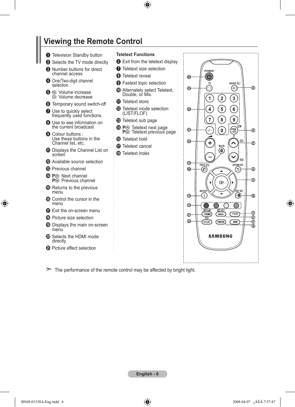 Viewing the remote control | Samsung BN68-01538A-00 User Manual | Page 8 / 35