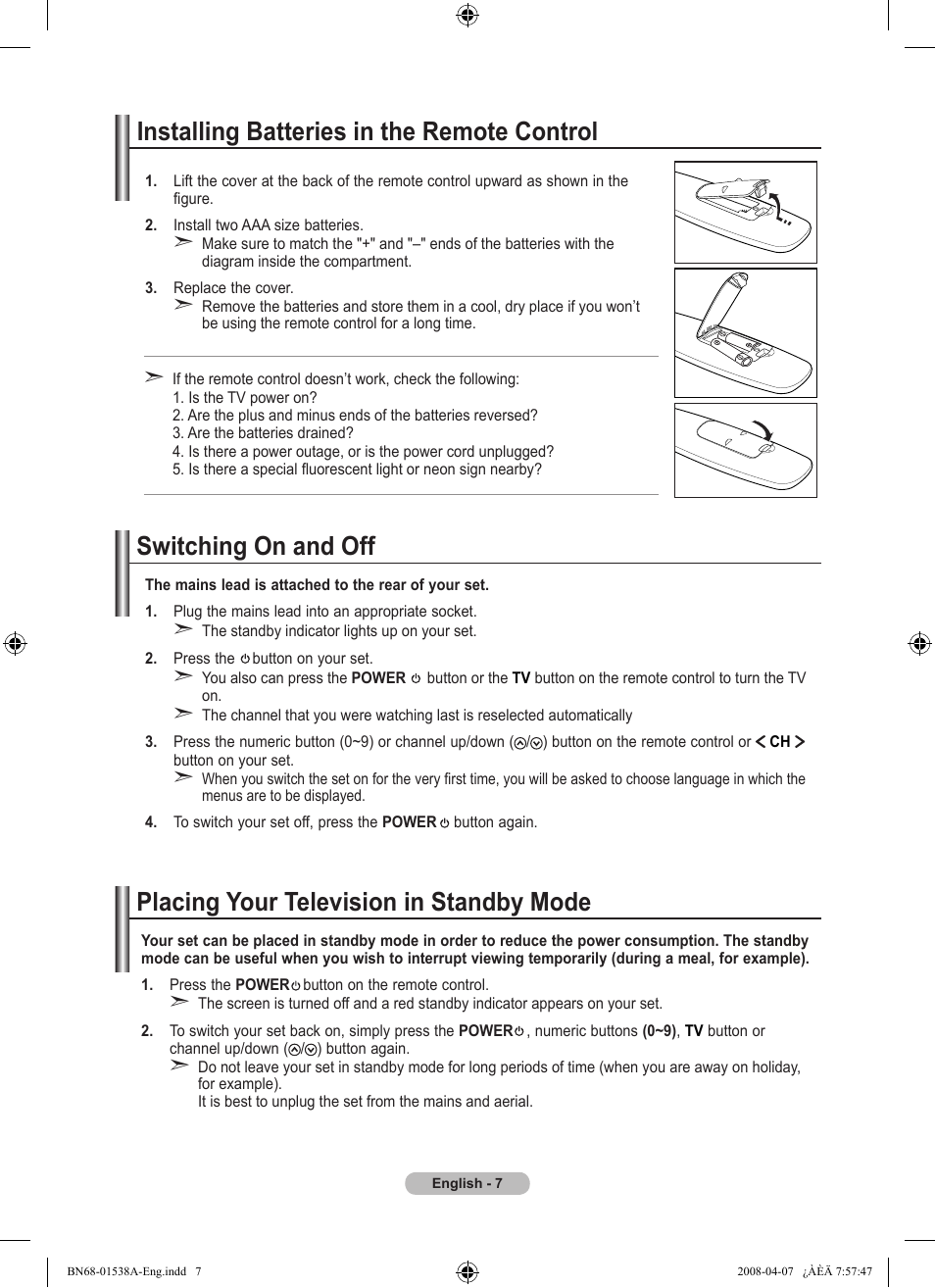 Installing batteries in the remote control, Switching on and off, Placing your television in standby mode | Samsung BN68-01538A-00 User Manual | Page 9 / 35