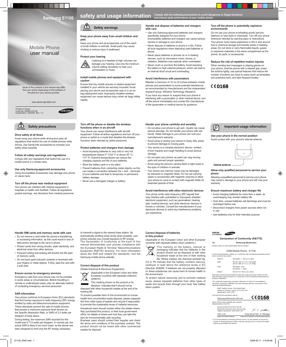 Samsung E1100 User Manual | 2 pages