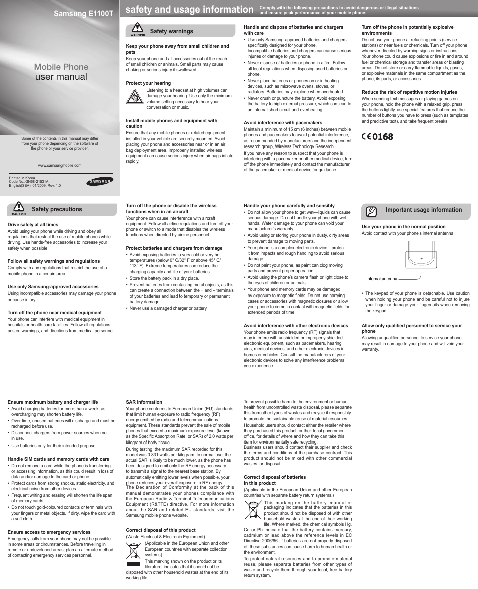 Samsung E1100T User Manual | 2 pages