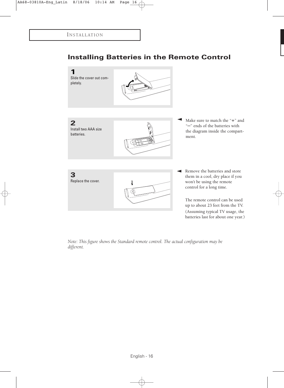 Installing batteries in the remote control | Samsung CL-21M40MQ User Manual | Page 16 / 44