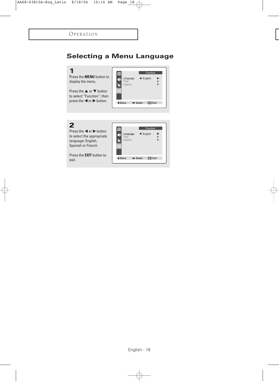 Selecting a menu language | Samsung CL-21M40MQ User Manual | Page 18 / 44
