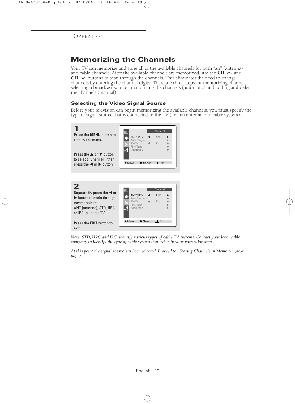 Memorizing the channels, Selecting the video signal source | Samsung CL-21M40MQ User Manual | Page 19 / 44