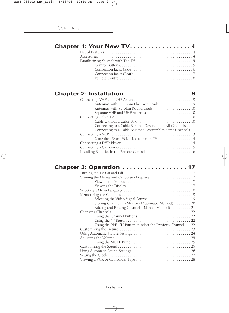 Chapter 1: your new tv, Chapter 2: installation, Chapter 3: operation | Samsung CL-21M40MQ User Manual | Page 2 / 44