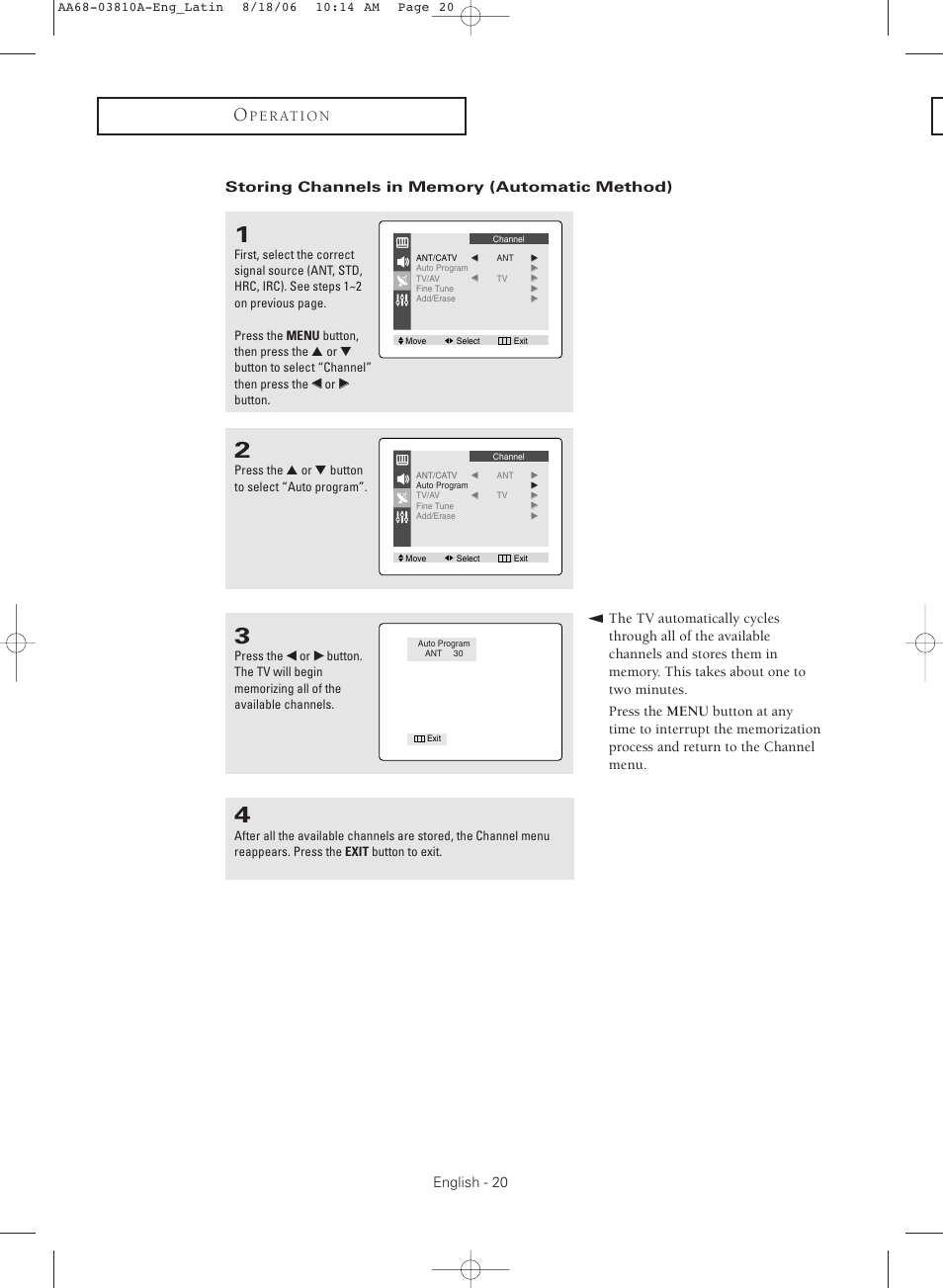 Storing channels in memory(automatic method) | Samsung CL-21M40MQ User Manual | Page 20 / 44