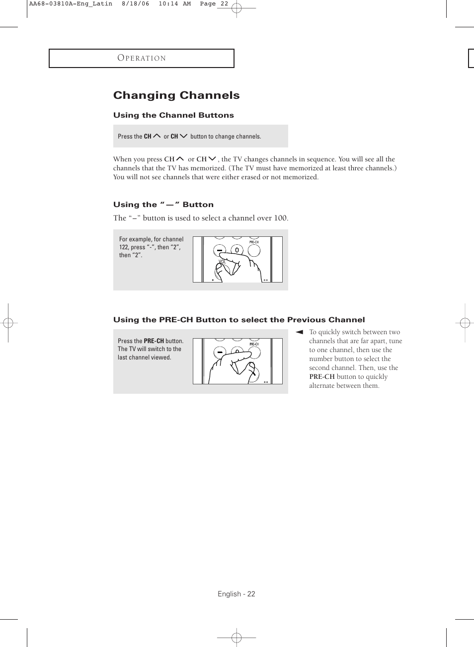 Changing channels, Using the channel buttons, Using the “-” button | Samsung CL-21M40MQ User Manual | Page 22 / 44