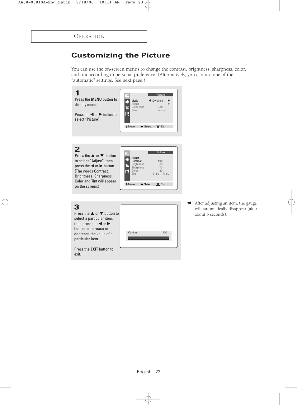 Customizing the picture | Samsung CL-21M40MQ User Manual | Page 23 / 44