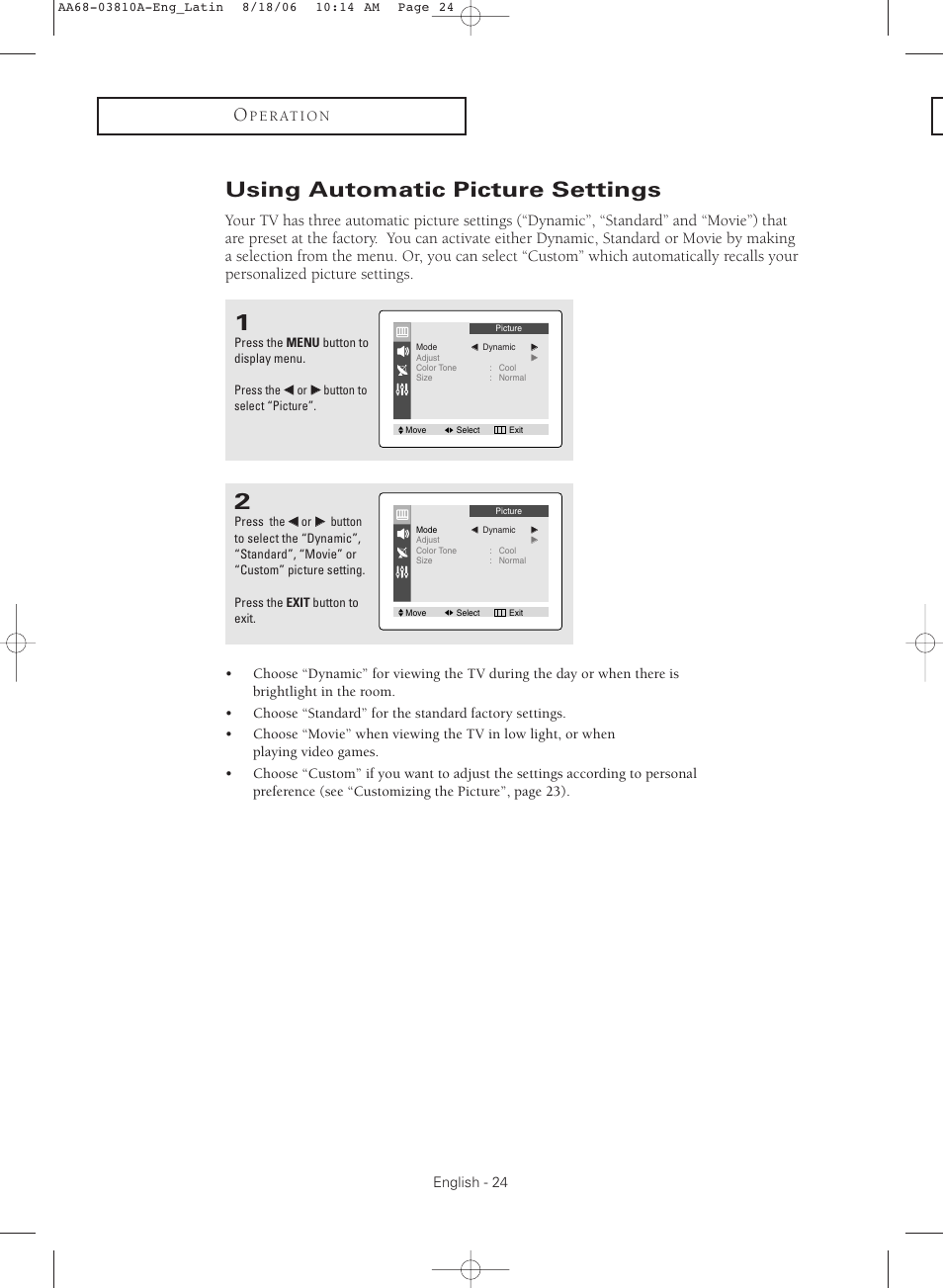 Using automatic picture settings | Samsung CL-21M40MQ User Manual | Page 24 / 44