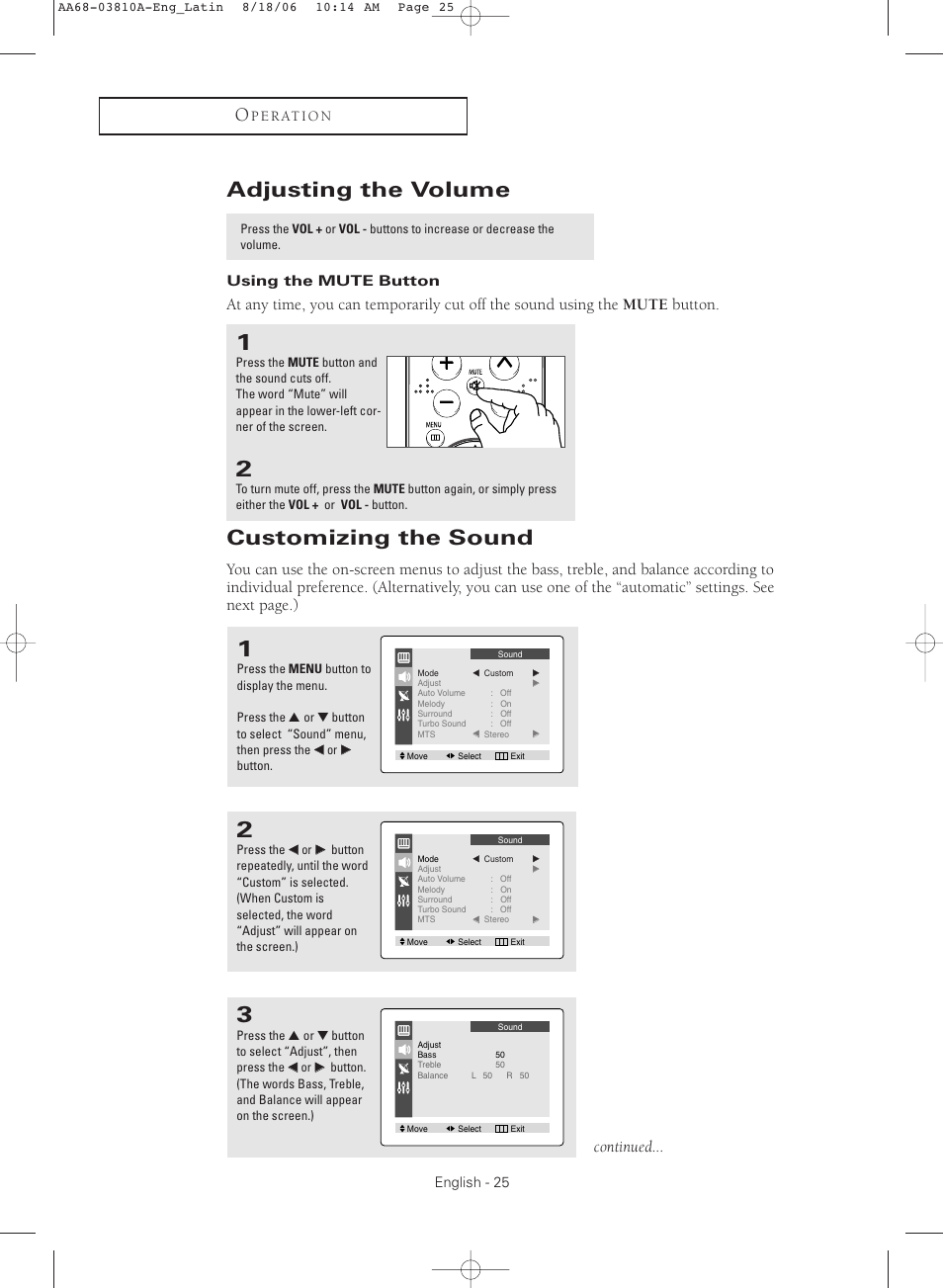Adjusting the volume, Using the mute button, Customizing the sound | Continued | Samsung CL-21M40MQ User Manual | Page 25 / 44