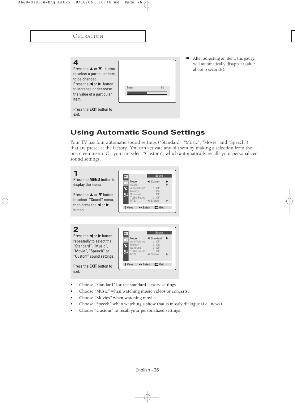 Using automatic sound settings | Samsung CL-21M40MQ User Manual | Page 26 / 44