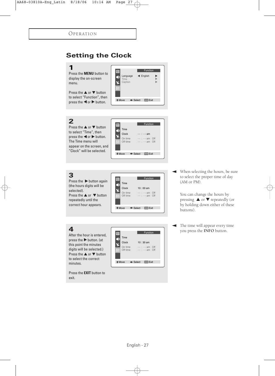 Setting the clock | Samsung CL-21M40MQ User Manual | Page 27 / 44