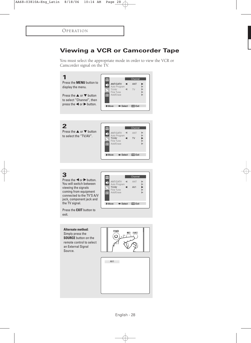 Viewing a vcr or camcorder tape, English - 28, P e r at i o n | Samsung CL-21M40MQ User Manual | Page 28 / 44