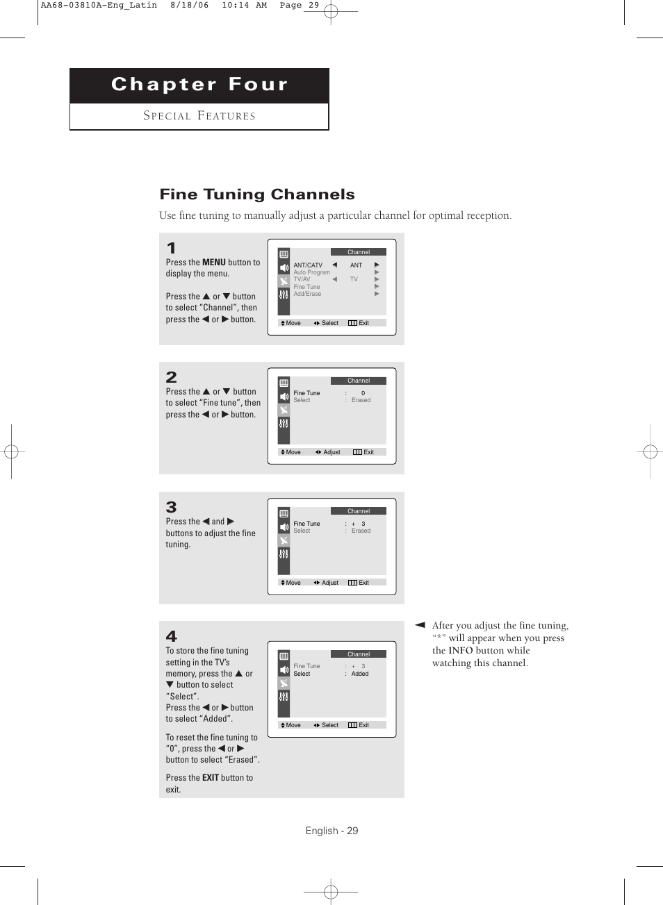 Chapter 4: special features, Fine tuning channels | Samsung CL-21M40MQ User Manual | Page 29 / 44