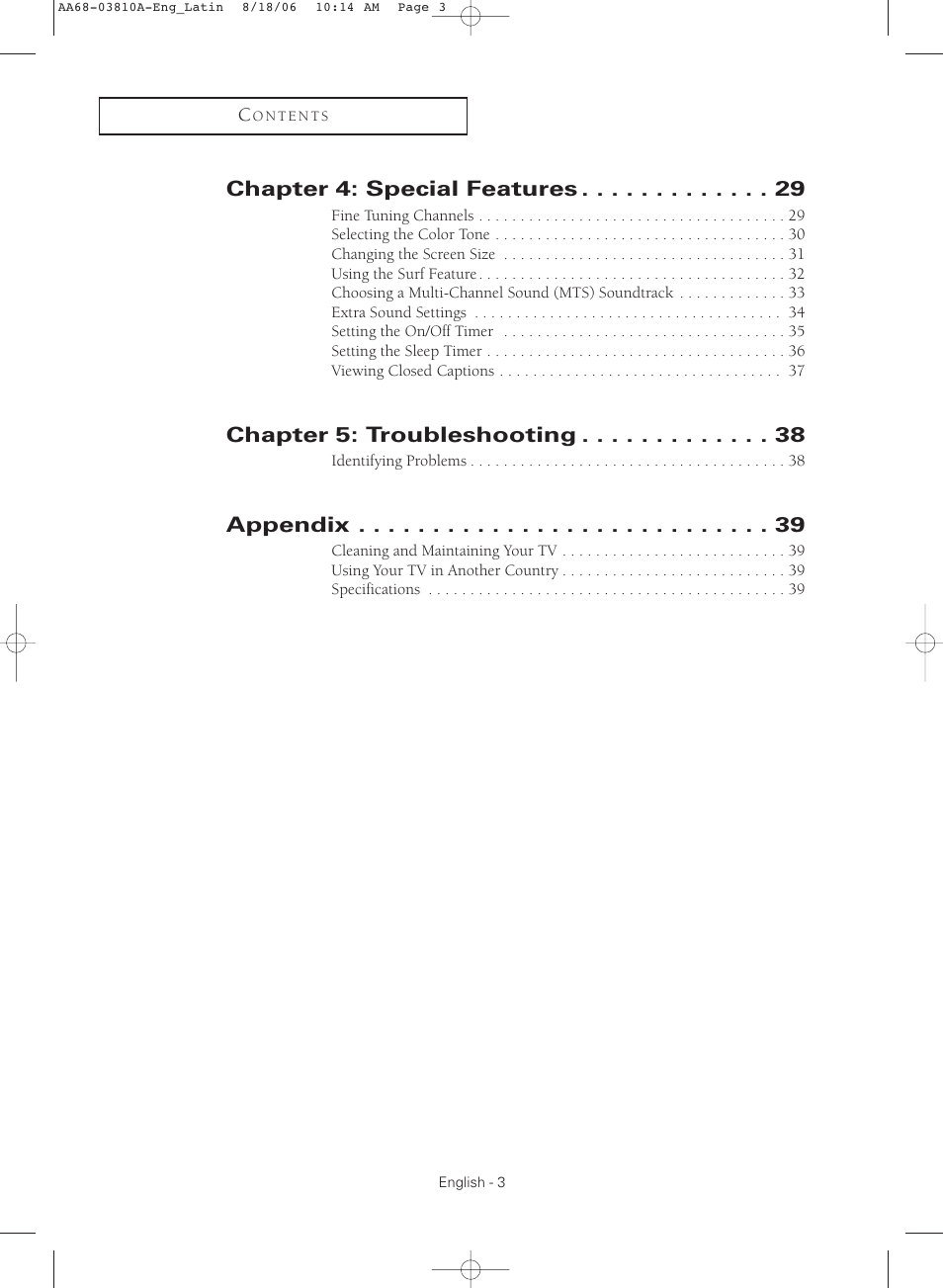 Chapter 4: special features, Chapter 5: troubleshooting, Appendix | Samsung CL-21M40MQ User Manual | Page 3 / 44