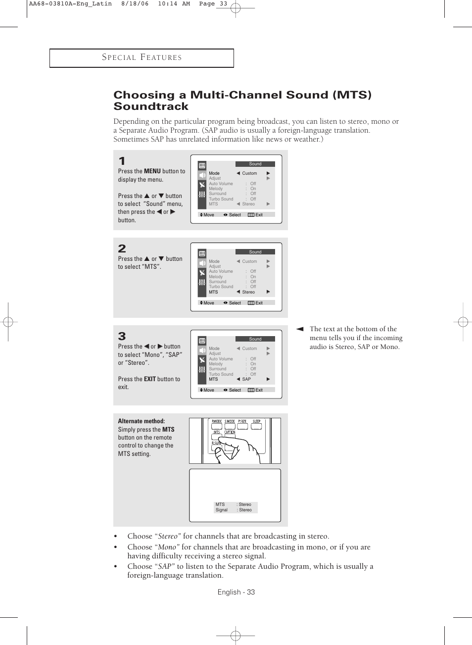 Choosing a multi-channel sound(mts)soundtrack, Choosing a multi-channel sound (mts) soundtrack | Samsung CL-21M40MQ User Manual | Page 33 / 44