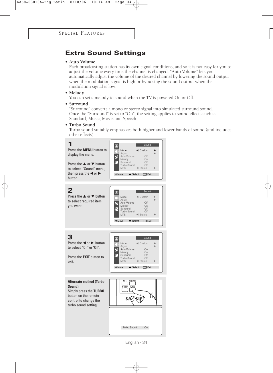 Extra sound settings | Samsung CL-21M40MQ User Manual | Page 34 / 44