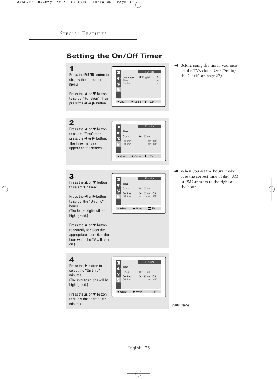 Setting the on/off timer, Continued | Samsung CL-21M40MQ User Manual | Page 35 / 44