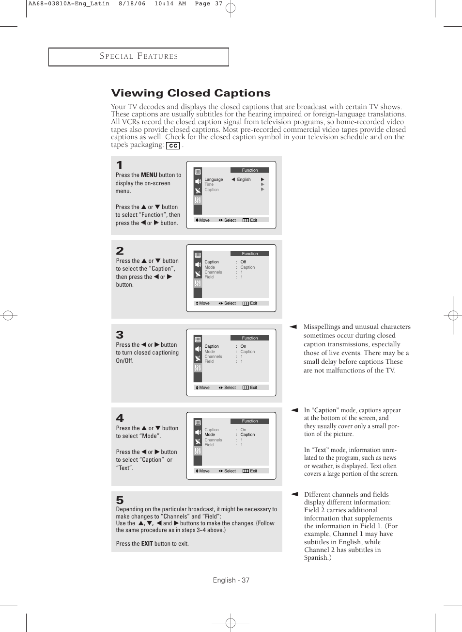 Viewing closed captions | Samsung CL-21M40MQ User Manual | Page 37 / 44