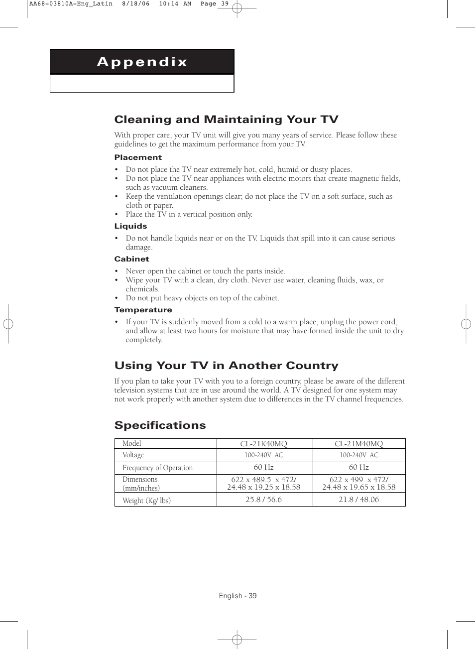 Appendix, Cleaning and maintaining your tv, Using your tv in another country | Specifications | Samsung CL-21M40MQ User Manual | Page 39 / 44