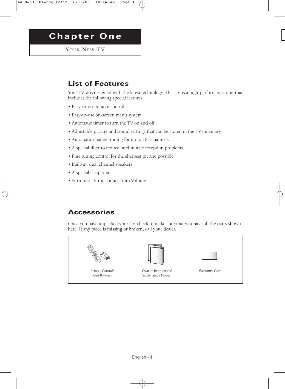 Chapter 1: your new tv, List of features, Accessories | Samsung CL-21M40MQ User Manual | Page 4 / 44