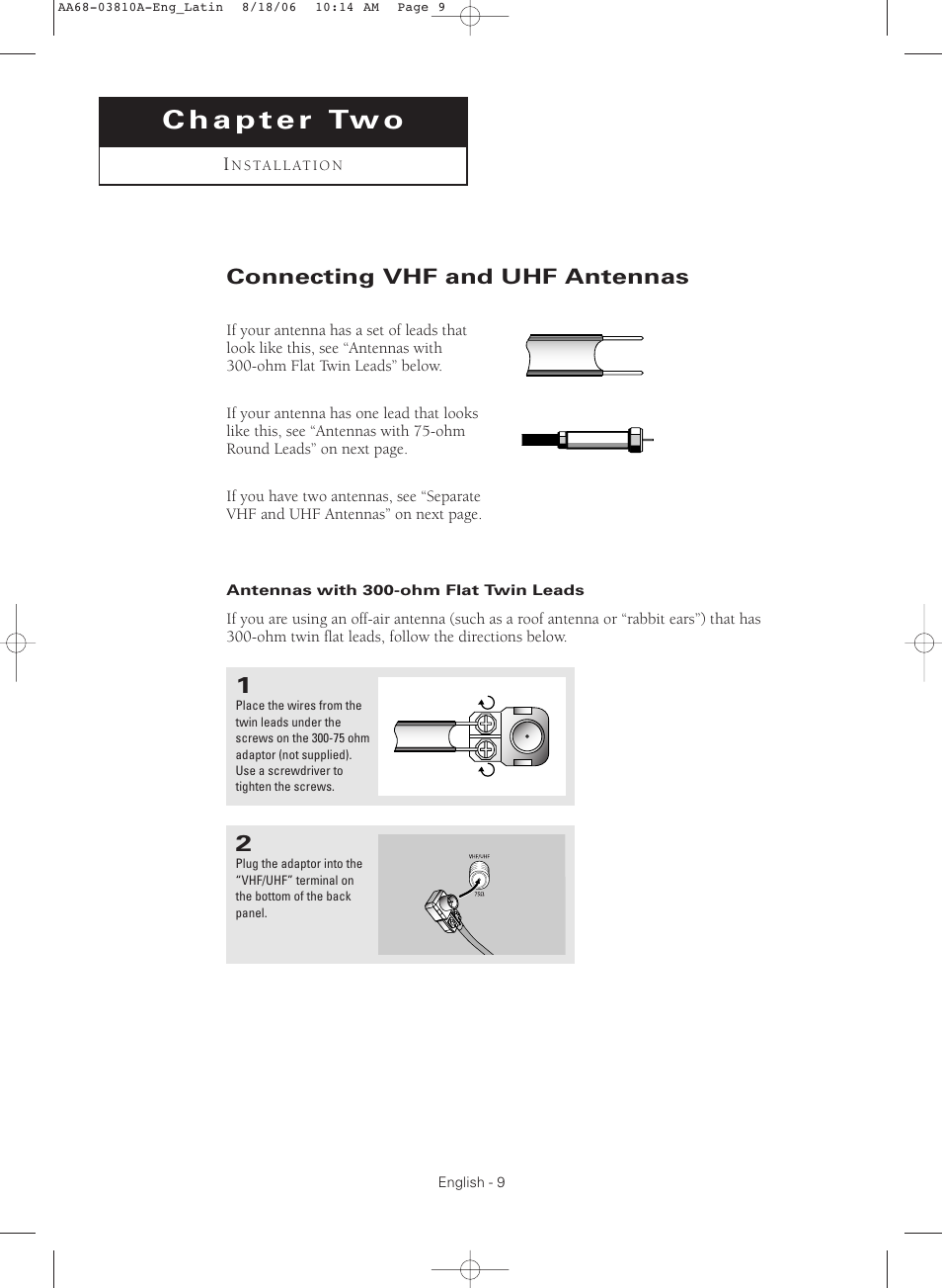 Chapter 2: installation, Connecting vhf and uhf antennas, Antennas with 300-ohm flat twin leads | Samsung CL-21M40MQ User Manual | Page 9 / 44