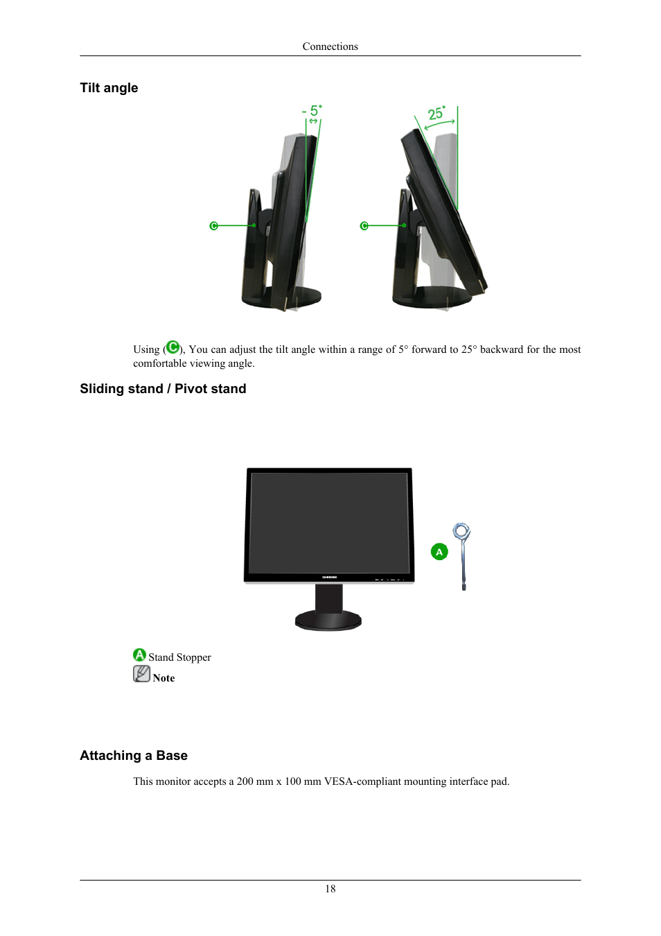 Tilt angle, Sliding stand / pivot stand, Attaching a base | Samsung 2693HM User Manual | Page 19 / 95