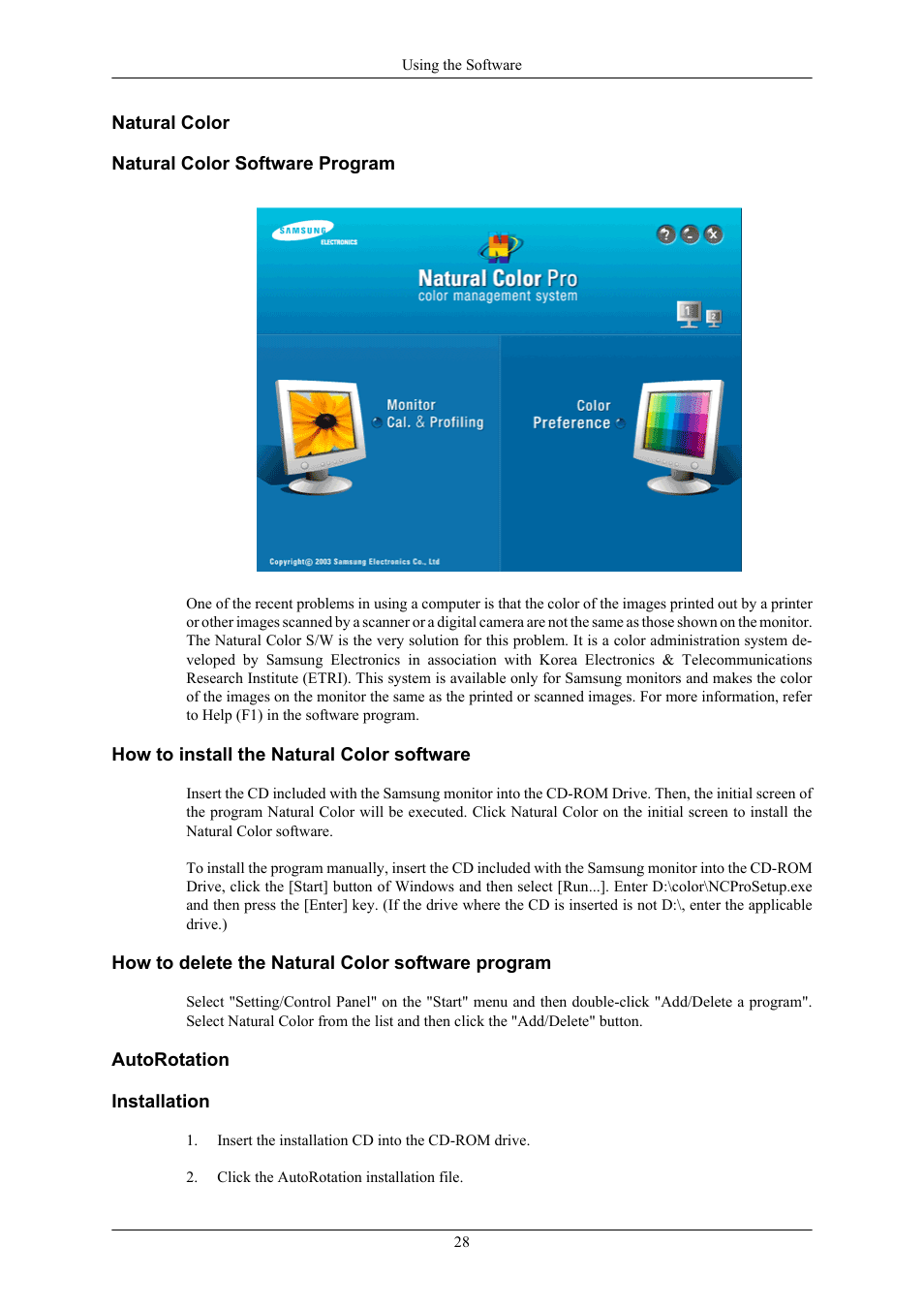 Natural color, Natural color software program, How to install the natural color software | How to delete the natural color software program, Autorotation, Installation | Samsung 2693HM User Manual | Page 29 / 95