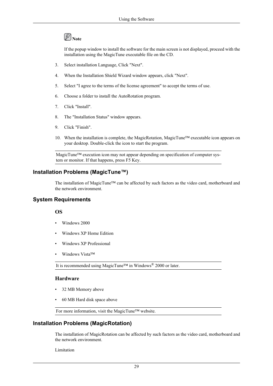 Installation problems (magictune™), System requirements, Installation problems (magicrotation) | Samsung 2693HM User Manual | Page 30 / 95